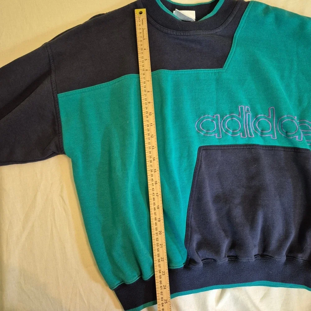 Vintage Adidas Sweatshirt L Teal Colorblock 90s Mock Neck Trefoil Spellout Retro